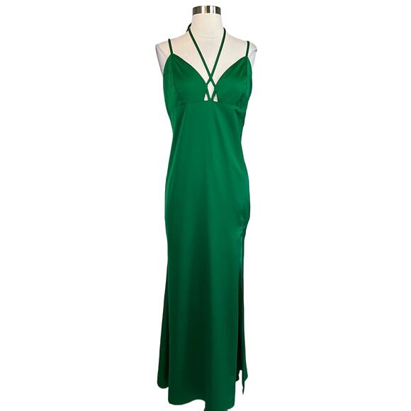 AQUA Women's Cocktail Dress Size 12 Green Satin Strappy Backless A-Line Midi - Picture 1 of 10